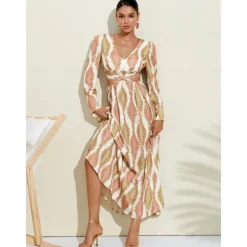 Satin Floral V Neck Maxi Dress White Long Sleeve Wedding Guest Dress Ascot Dress Women Casual Dress|Vacation Dresses