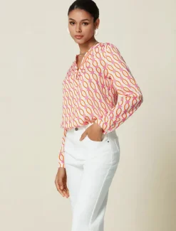 Satin Geometric Button Blouse Women Blouses & Shirts