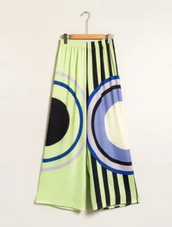 Online Satin Geometric Print Relaxed Elasticity Straight Pants Women Pants