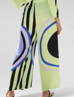 Online Satin Geometric Print Relaxed Elasticity Straight Pants Women Pants