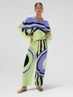 Online Satin Geometric Print Relaxed Elasticity Straight Pants Women Pants