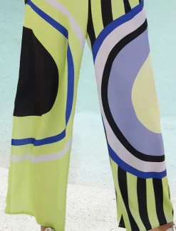 Online Satin Geometric Print Relaxed Elasticity Straight Pants Women Pants
