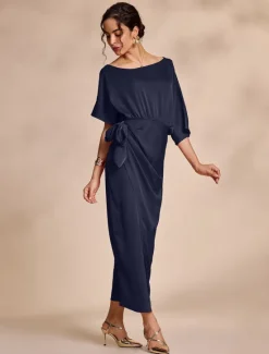Outlet Satin Knotted Wrap Drop Shoulder Maxi Dress Women Cocktail Dress