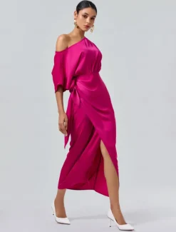 Outlet Satin Knotted Wrap Drop Shoulder Maxi Dress Women Cocktail Dress