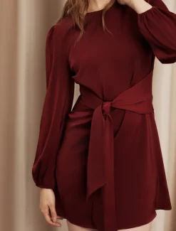 Hot Satin Lace-Up Mini Dress Crew Neck Women Cocktail Dress