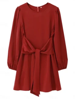 Hot Satin Lace-Up Mini Dress Crew Neck Women Cocktail Dress