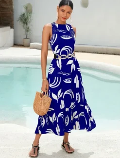 Outlet Satin Leaves Sleeveless Maxi Dress (No Belt) Women Casual Dress