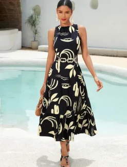 Outlet Satin Leaves Sleeveless Maxi Dress (No Belt) Women Casual Dress