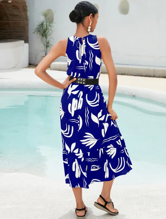 Outlet Satin Leaves Sleeveless Maxi Dress (No Belt) Women Casual Dress