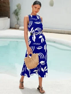 Outlet Satin Leaves Sleeveless Maxi Dress (No Belt) Women Casual Dress