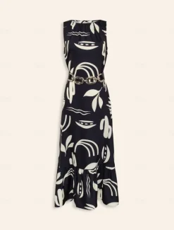 Outlet Satin Leaves Sleeveless Maxi Dress (No Belt) Women Casual Dress
