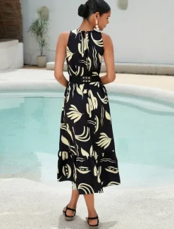 Outlet Satin Leaves Sleeveless Maxi Dress (No Belt) Women Casual Dress