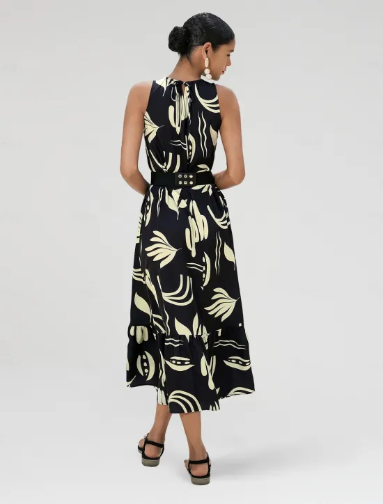 Outlet Satin Leaves Sleeveless Maxi Dress (No Belt) Women Casual Dress