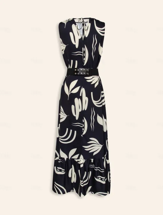 Outlet Satin Leaves Sleeveless Maxi Dress (No Belt) Women Casual Dress
