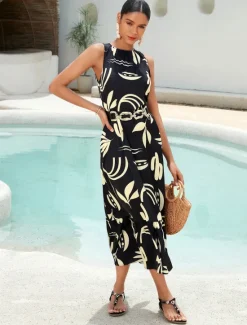 Outlet Satin Leaves Sleeveless Maxi Dress (No Belt) Women Casual Dress