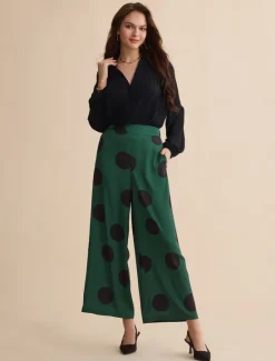Best Satin Polka Dot Pocket Full Length Daily Pants Women Pants