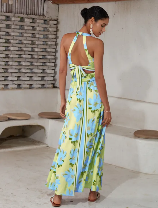 New Satin Print Halter Neck Backless Maxi Dress Women Floral Dresses