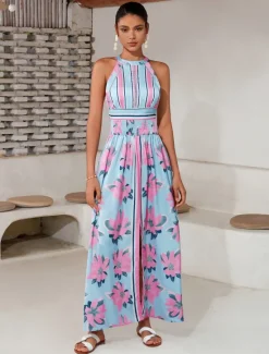New Satin Print Halter Neck Backless Maxi Dress Women Floral Dresses