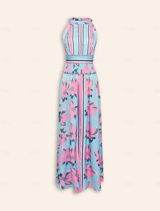 New Satin Print Halter Neck Backless Maxi Dress Women Floral Dresses