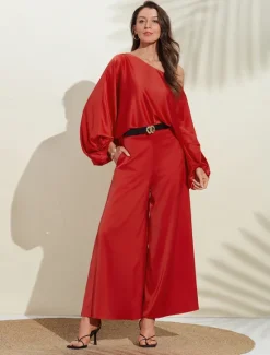 Outlet Satin Solid Puff Sleeve Cold Shoulder Culottes Suit Women Two Piece Sets