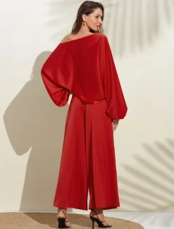 Outlet Satin Solid Puff Sleeve Cold Shoulder Culottes Suit Women Two Piece Sets
