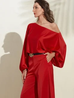 Outlet Satin Solid Puff Sleeve Cold Shoulder Culottes Suit Women Two Piece Sets