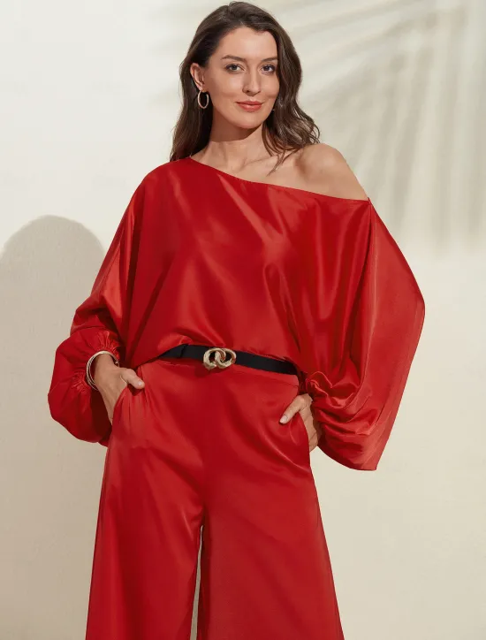 Outlet Satin Solid Puff Sleeve Cold Shoulder Culottes Suit Women Two Piece Sets