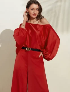 Outlet Satin Solid Puff Sleeve Cold Shoulder Culottes Suit Women Two Piece Sets