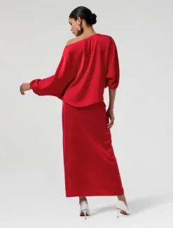 Discount Satin Wedding Guest Floral Slash Neck Juliet Sleeve Wide Leg Two Piece Set Women Two Piece Sets