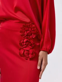 Discount Satin Wedding Guest Floral Slash Neck Juliet Sleeve Wide Leg Two Piece Set Women Two Piece Sets