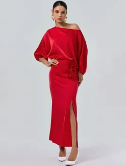 Discount Satin Wedding Guest Floral Slash Neck Juliet Sleeve Wide Leg Two Piece Set Women Two Piece Sets