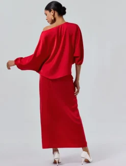 Discount Satin Wedding Guest Floral Slash Neck Juliet Sleeve Wide Leg Two Piece Set Women Two Piece Sets