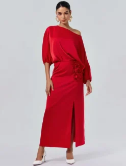 Discount Satin Wedding Guest Floral Slash Neck Juliet Sleeve Wide Leg Two Piece Set Women Two Piece Sets
