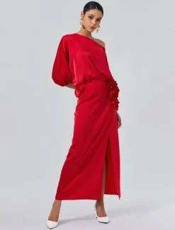 Discount Satin Wedding Guest Floral Slash Neck Juliet Sleeve Wide Leg Two Piece Set Women Two Piece Sets