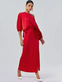 Discount Satin Wedding Guest Floral Slash Neck Juliet Sleeve Wide Leg Two Piece Set Women Two Piece Sets