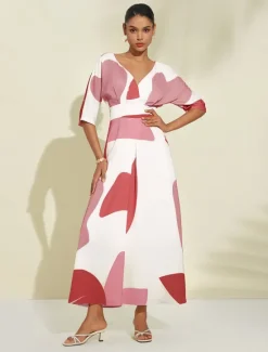 Satin Wedding Guest Pocket Floral V Neck Maxi Dress Women Vacation Dresses