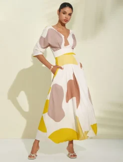 Satin Wedding Guest Pocket Floral V Neck Maxi Dress Women Vacation Dresses