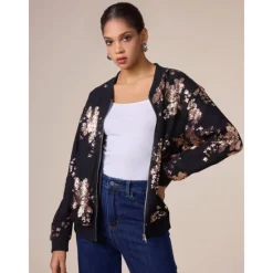 Hot Sequin Crew Neck Bomber Jacket Women Jackets