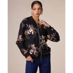 Hot Sequin Crew Neck Bomber Jacket Women Jackets