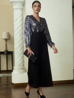 New Sequin Fringe Wide Leg Jumpsuit Women Jumpsuits