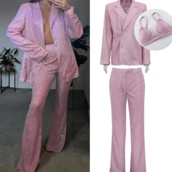 Hot Set with Shiny Metallic Blazer Bra Straight Leg Pants 3 PCS Disco 1980s Party Outfits Suits & Blazers Underwear Suit Trousers Women's Carnival Party Club Wear Women Blazers & Suits