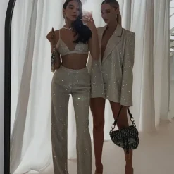 Hot Set with Shiny Metallic Blazer Bra Straight Leg Pants 3 PCS Disco 1980s Party Outfits Suits & Blazers Underwear Suit Trousers Women's Carnival Party Club Wear Women Blazers & Suits