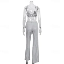 Hot Set with Shiny Metallic Blazer Bra Straight Leg Pants 3 PCS Disco 1980s Party Outfits Suits & Blazers Underwear Suit Trousers Women's Carnival Party Club Wear Women Blazers & Suits