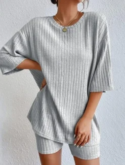 New Set Women's Red Green Beige Plain 2 Piece Street Daily Fashion Round Neck Regular Fit S Women Pajama-Setter