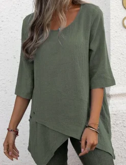 Online Shirt Blouse Cotton Linen Shirts Women's Blue Green Gray Plain Asymetric Hem Street Daily Fashion Round Neck Regular Fit S Women Shirts