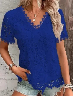 Shirt Blouse Dressy Tops Women's Black White Pink Plain Lace Street Daily Fashion Round Neck Regular Fit S Women Lace Tops