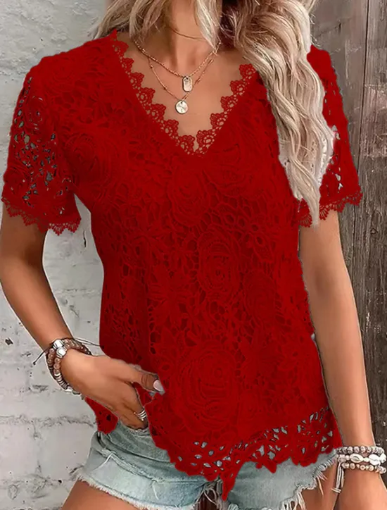 Shirt Blouse Dressy Tops Women's Black White Pink Plain Lace Street Daily Fashion Round Neck Regular Fit S Women Lace Tops