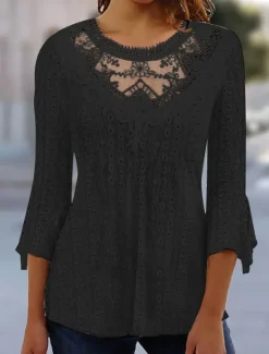 Outlet Shirt Blouse Dressy Tops Women's Black White Pink Plain Lace Street Daily Fashion Round Neck Regular Fit S Women Lace Tops