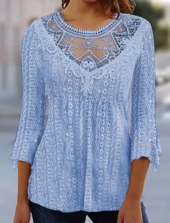 Outlet Shirt Blouse Dressy Tops Women's Black White Pink Plain Lace Street Daily Fashion Round Neck Regular Fit S Women Lace Tops