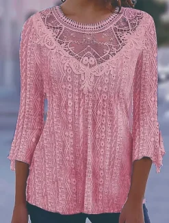 Outlet Shirt Blouse Dressy Tops Women's Black White Pink Plain Lace Street Daily Fashion Round Neck Regular Fit S Women Lace Tops